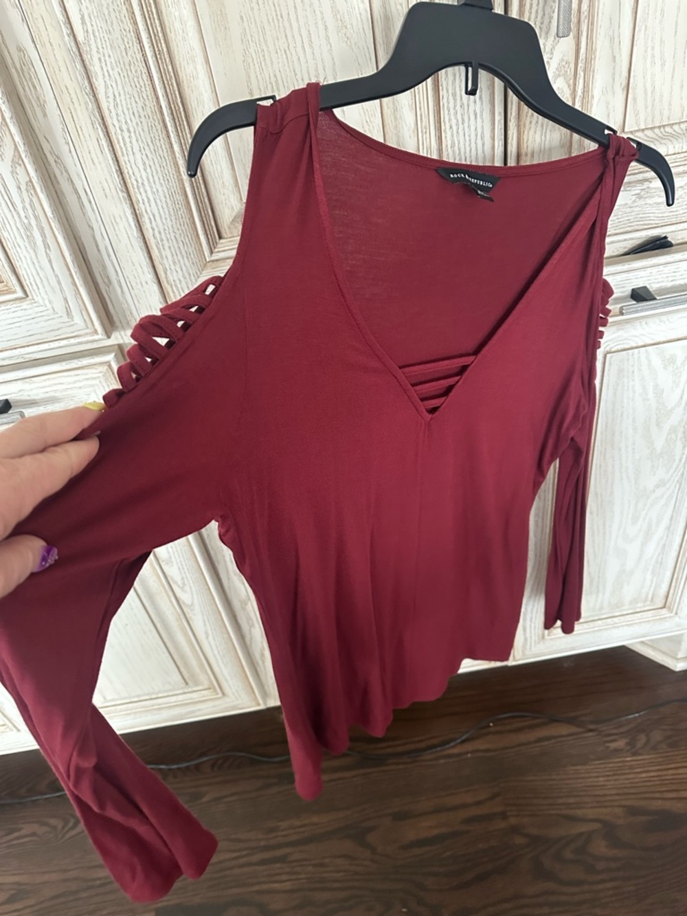 Rock & Republic  Burgundy Cold-Shoulder
 V-Neck Top